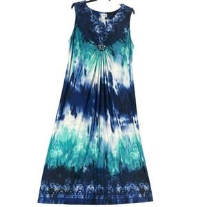 Catherines Dress Womens 3X Blue Green Sleeveless Maxi Boho Tie Dye Embellished